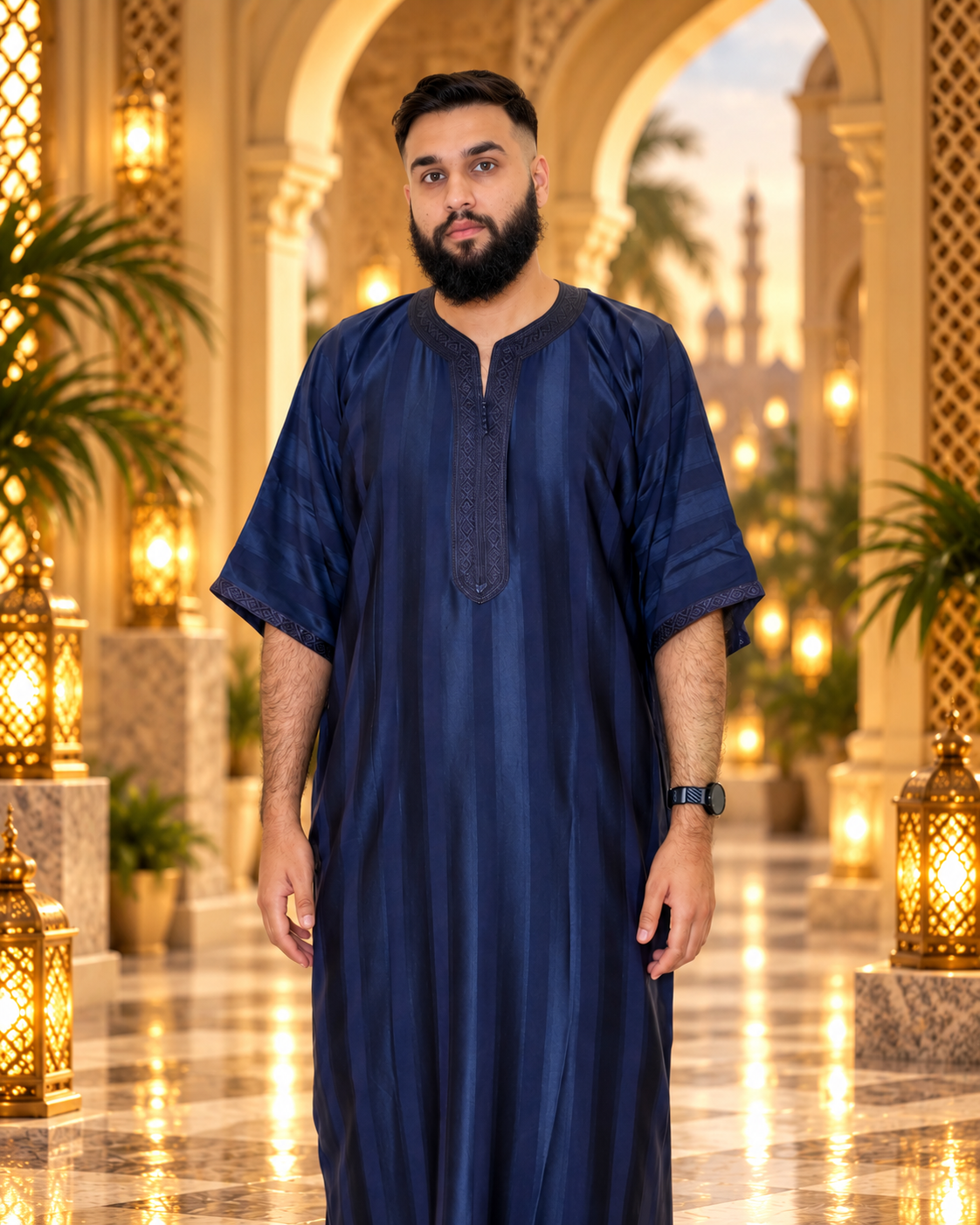 Shiny Navy with Black Moroccan Thobe
