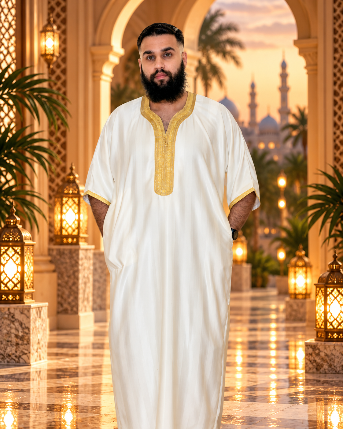 Sultan White and Gold Moroccan Thobe